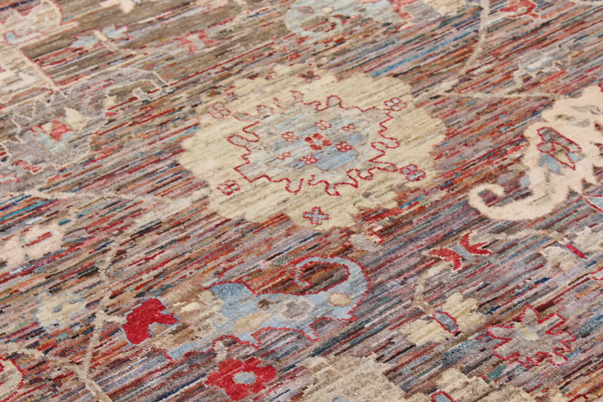 Brown Wool Rug with Cream & Red Flowers, 310 × 249 cm, view 4.