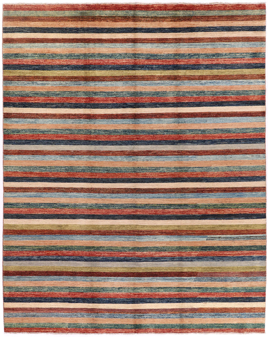 Orientteppich mit feinen Streifen in Rostrot und Blau, 295 × 237 cm – Gesamtansicht