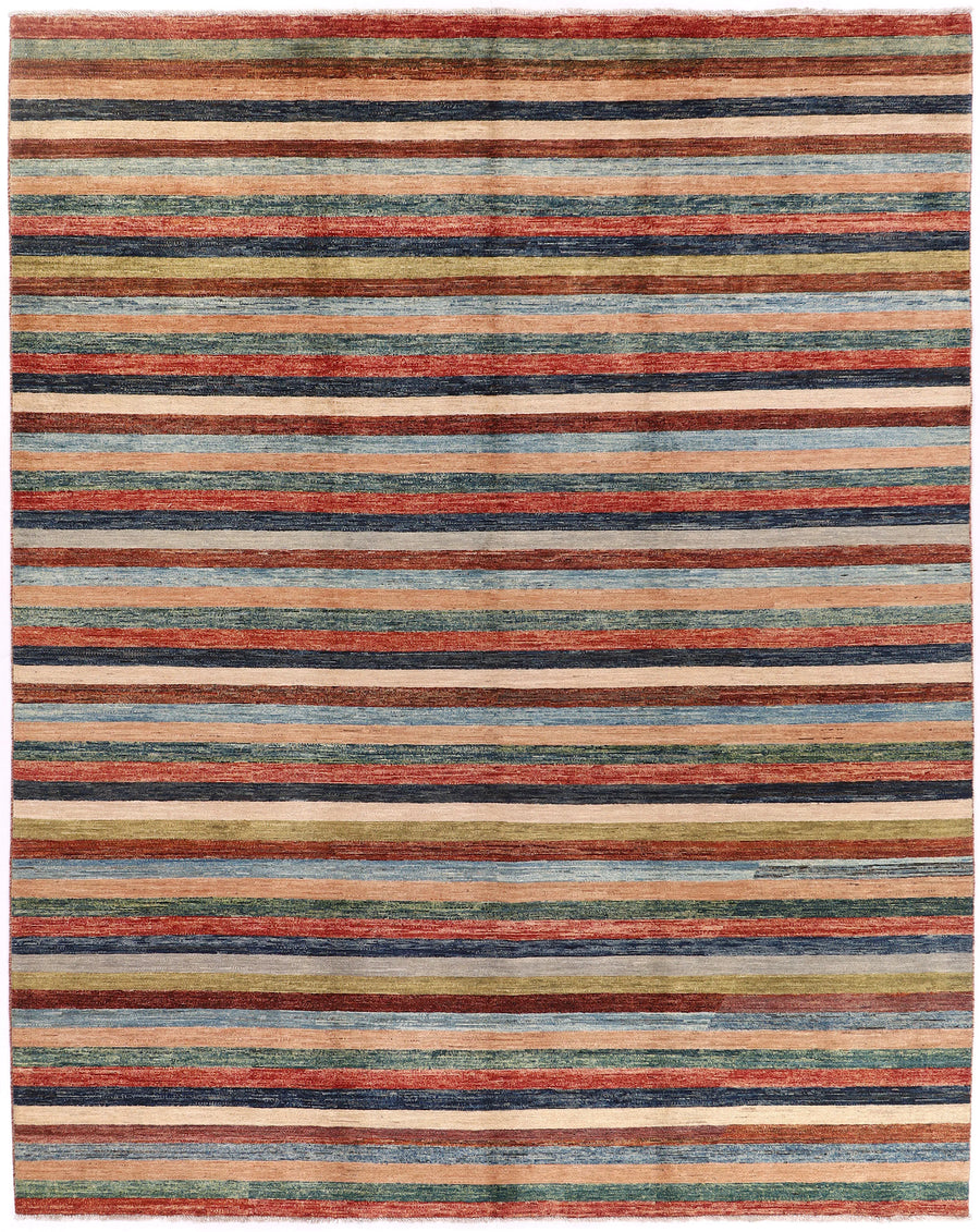 Afghan Rug with Fine Rust Red & Blue Stripes, 295 × 237 cm, overall view.