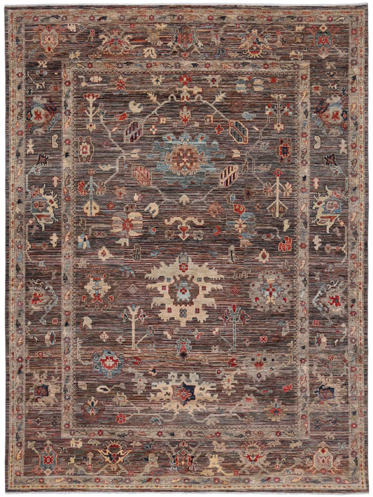 Dunkelgrauer Orientteppich mit großen hellen Blüten, 357 × 256 cm – Gesamtansicht