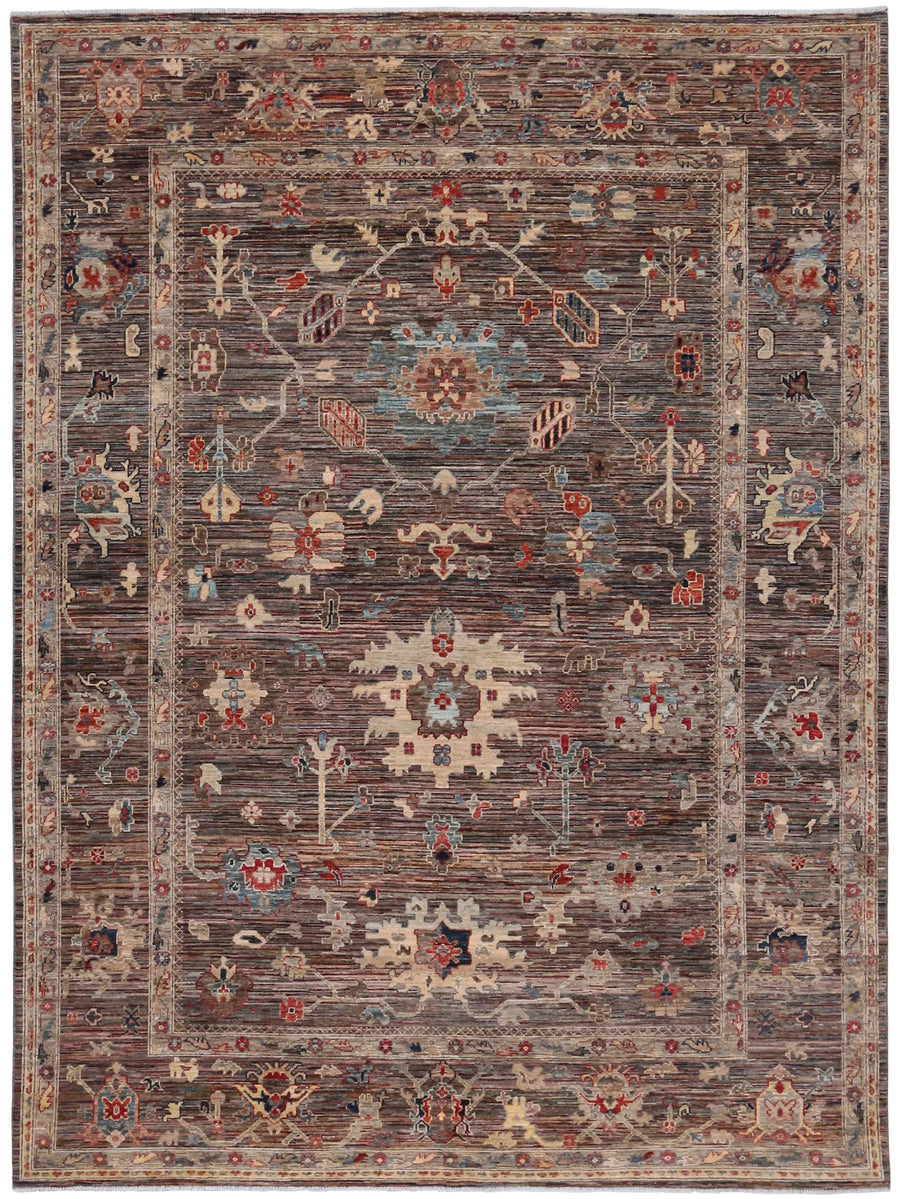 Dark Gray Afghan Rug with Large Light Flowers, 357 × 256 cm, overall view.