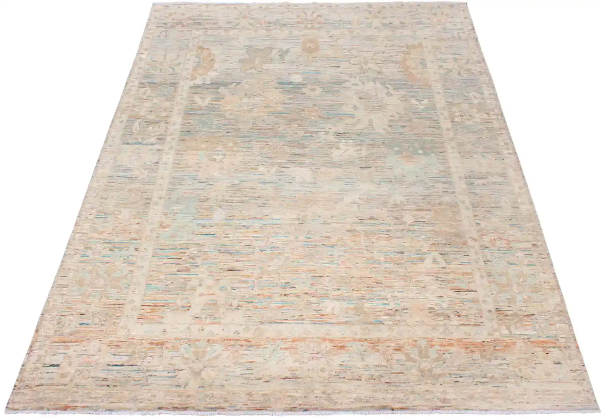 Beiger Orientteppich mit aquafarbenen Blüten, 369 × 259 cm – Ansicht 2 des handgeknüpften Wollteppichs