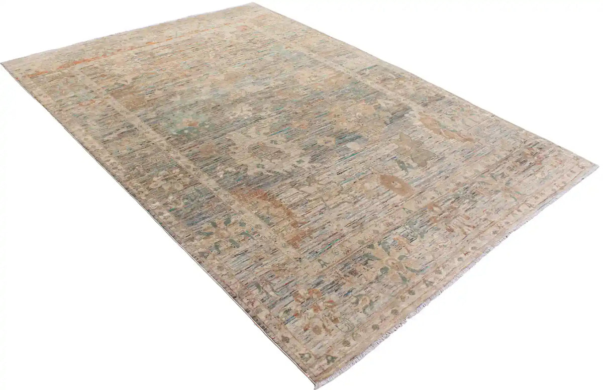 Beiger Orientteppich mit aquafarbenen Blüten, 369 × 259 cm – Ansicht 3 des handgeknüpften Wollteppichs