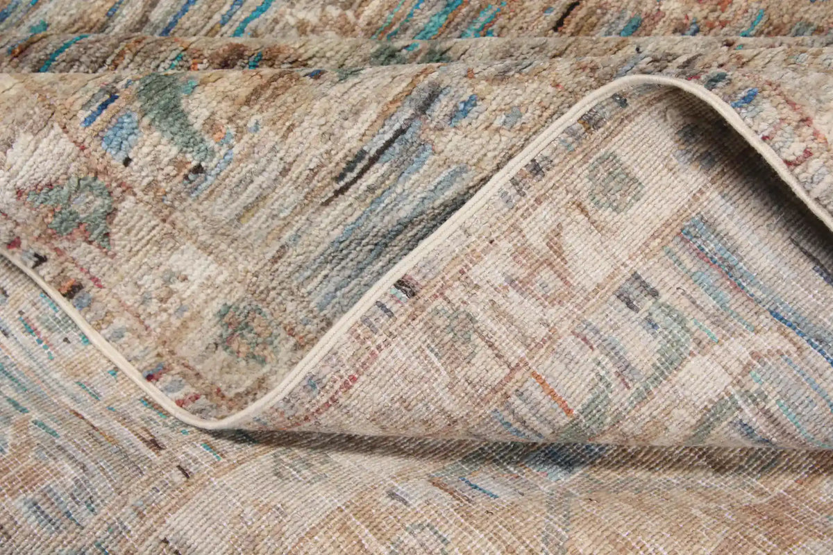 Beiger Orientteppich mit aquafarbenen Blüten, 369 × 259 cm – Ansicht 7 des handgeknüpften Wollteppichs