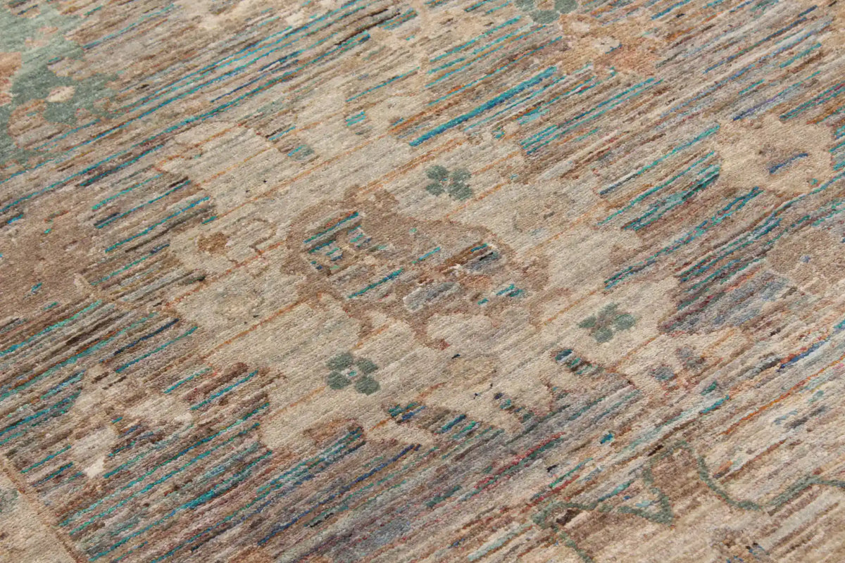 Beiger Orientteppich mit aquafarbenen Blüten, 369 × 259 cm – Ansicht 8 des handgeknüpften Wollteppichs