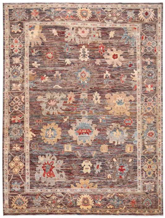 Orientteppich mit großen cremefarbenen Blüten auf Grau, 345 × 255 cm – Gesamtansicht