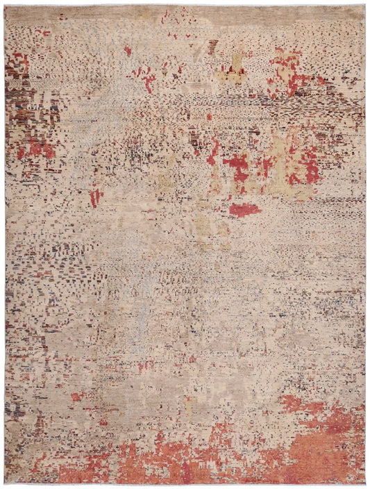 Moderner Orientteppich in Creme mit roten Akzenten, 393 × 302 cm – Gesamtansicht
