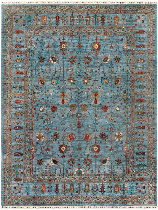 Türkiser Sultani-Teppich mit Blütenmuster, 404 × 303 cm – Gesamtansicht