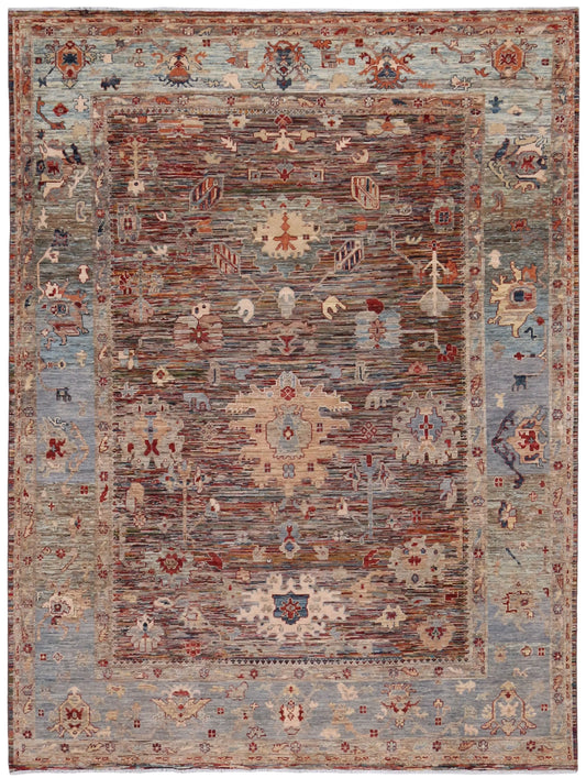 Rostbrauner Orientteppich mit blauer Blütenbordüre, 338 × 241 cm – Gesamtansicht