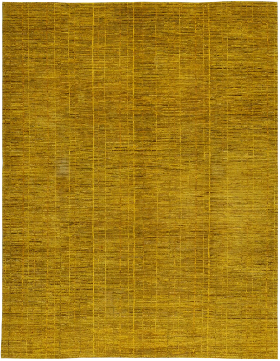 Golden Yellow Afghan Rug with Linear Pattern, 310 × 242 cm, overall view.
