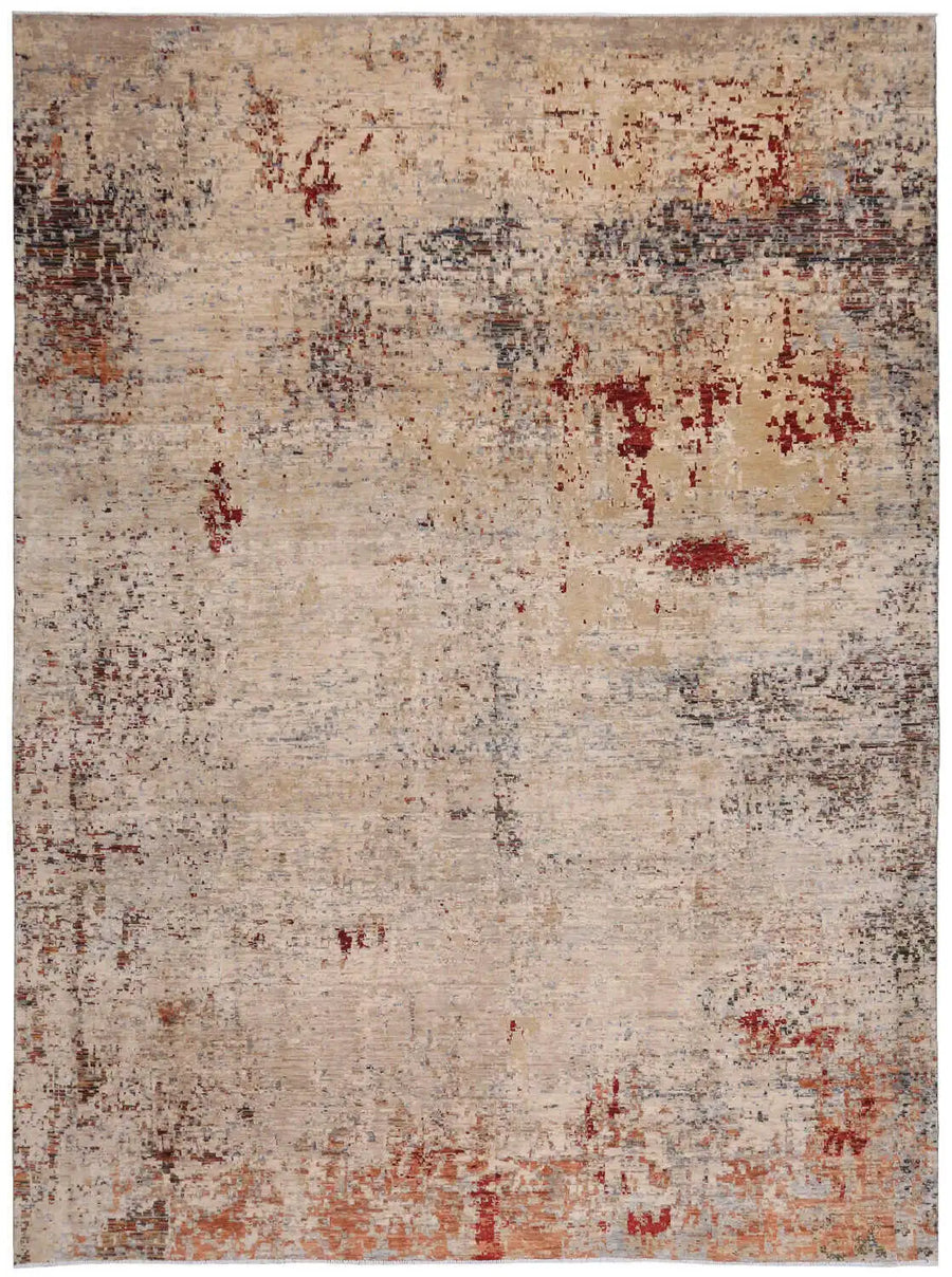 Beige & Red Abstract Afghan Rug, 389 × 299 cm, overall view.