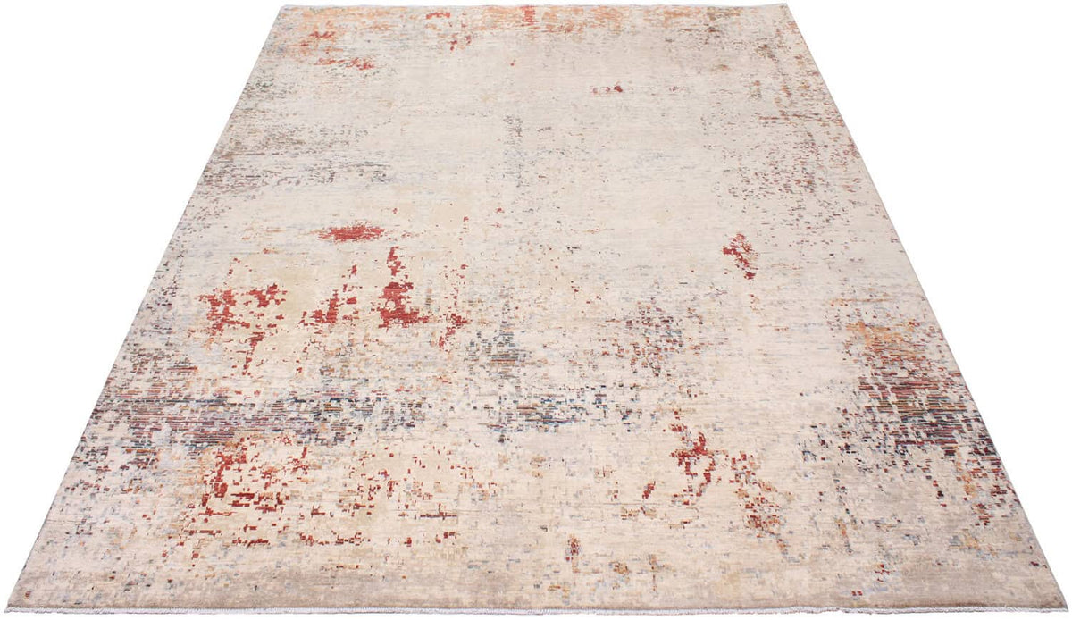 Abstrakter handgeknüpfter Orientteppich aus Wolle in Beige, Grau und Rot, 389 × 299 cm – Ansicht 11