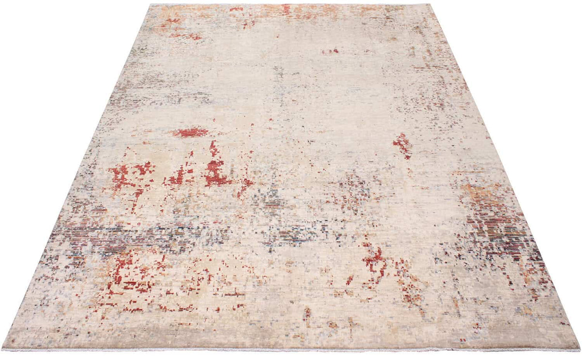 Abstrakter handgeknüpfter Orientteppich aus Wolle in Beige, Grau und Rot, 389 × 299 cm – Ansicht 10