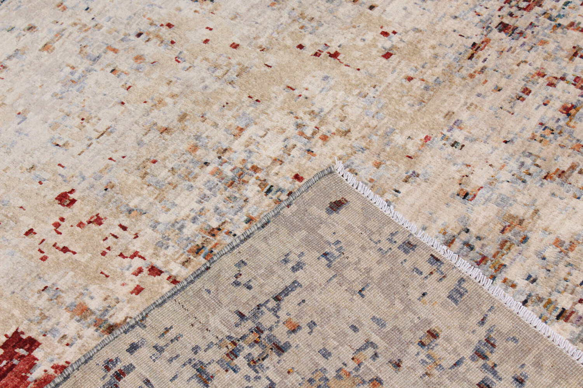 Abstrakter handgeknüpfter Orientteppich aus Wolle in Beige, Grau und Rot, 389 × 299 cm – Ansicht 7