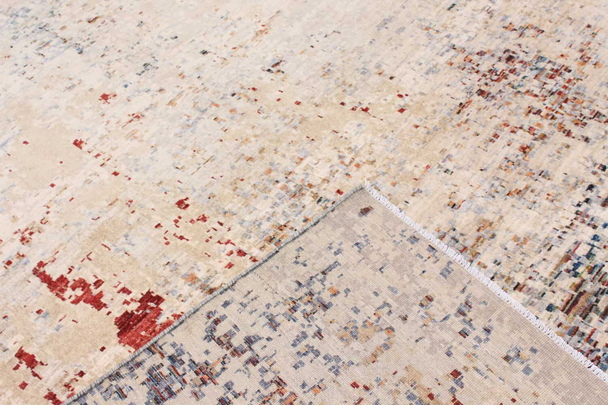 Abstrakter handgeknüpfter Orientteppich aus Wolle in Beige, Grau und Rot, 389 × 299 cm – Ansicht 4