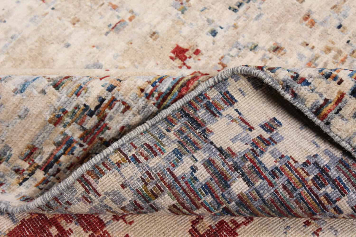 Abstrakter handgeknüpfter Orientteppich aus Wolle in Beige, Grau und Rot, 389 × 299 cm – Ansicht 3