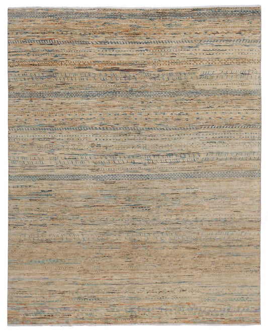 Art-déco-Wollteppich mit feinen blauen Linien auf Beige, 297 × 238 cm – Gesamtansicht des handgeknüpften Wollteppichs