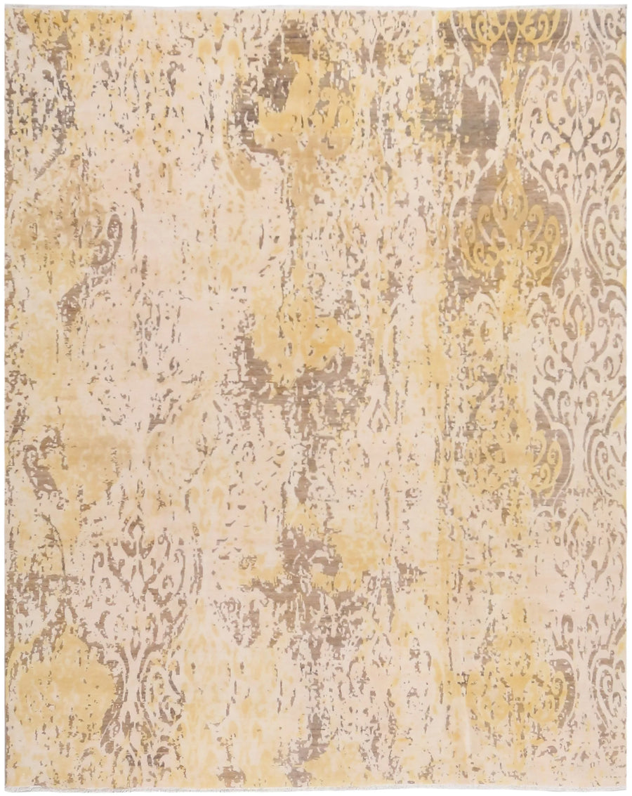 Golden Beige Afghan Rug with Abstract Flowers, 300 × 241 cm, overall view.