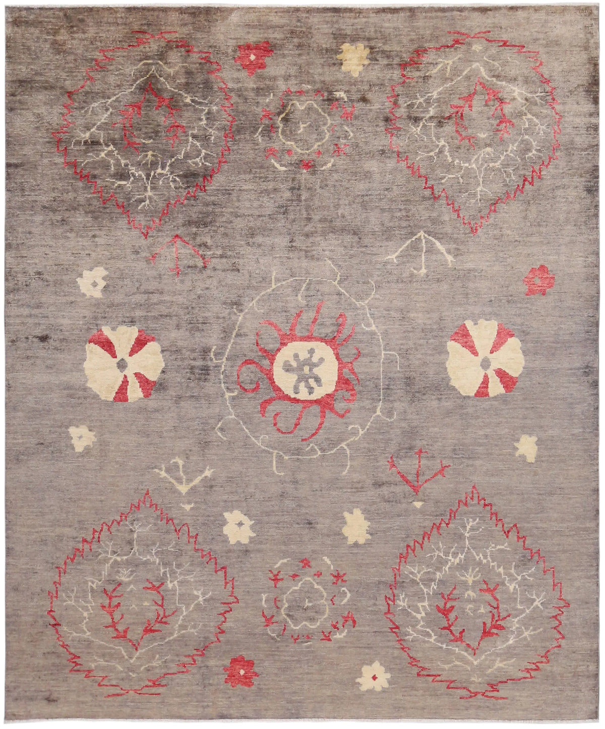 Gray Afghan Rug with Red Medallions, 291 × 249 cm, overall view.