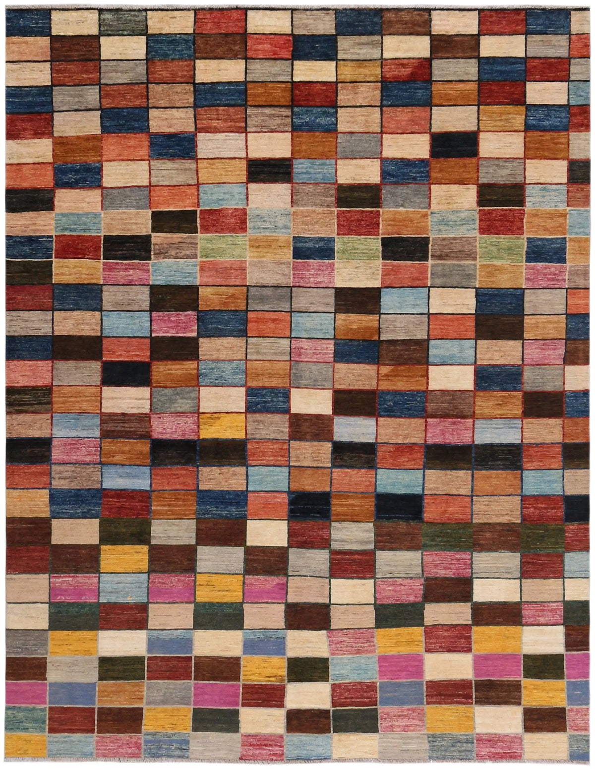 Bunter Orientteppich mit Schachbrettmuster, 296 × 236 cm – Gesamtansicht