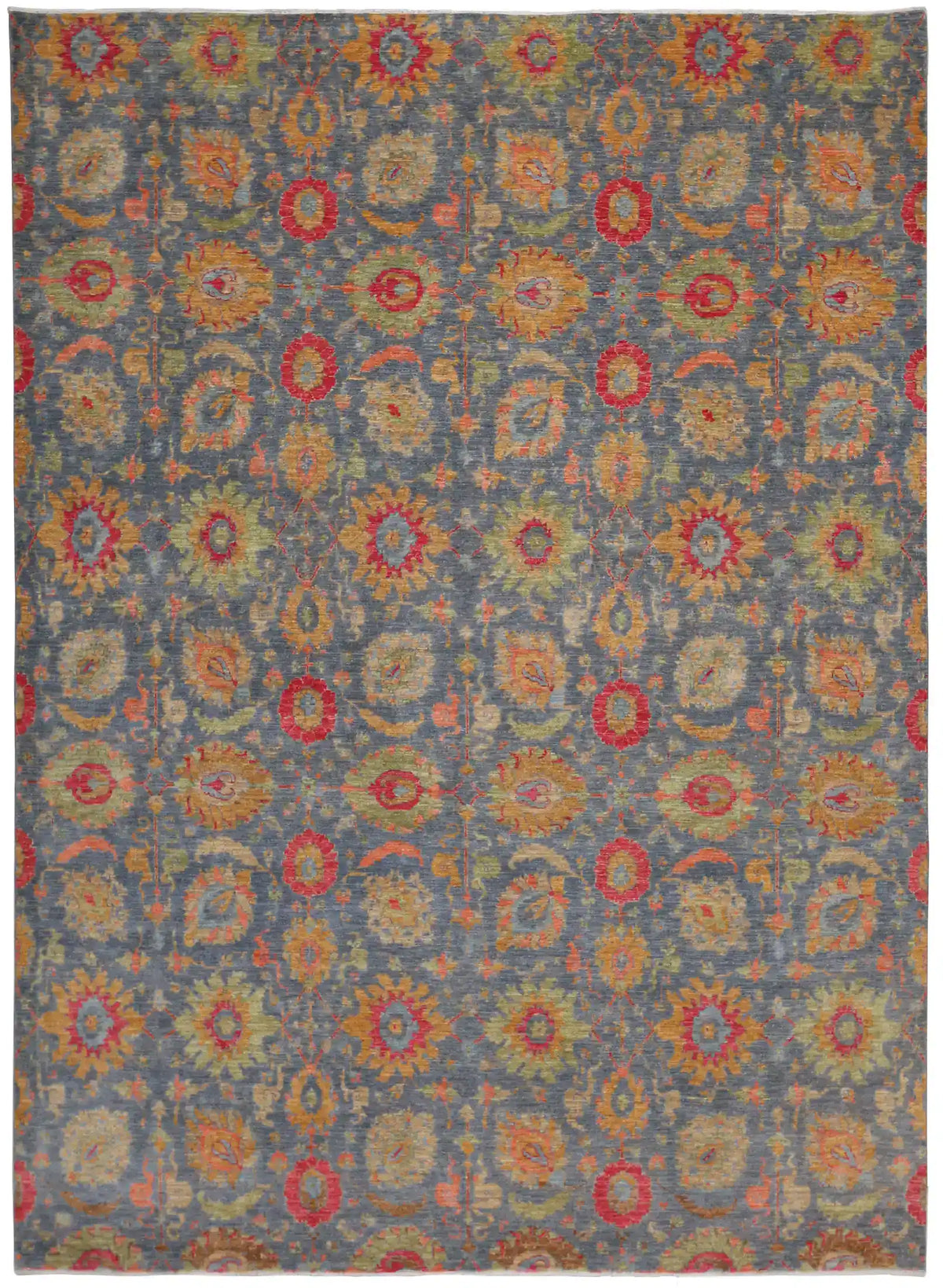Gray-Blue Afghan Rug with Colorful Flowers, 378 × 277 cm, overall view.