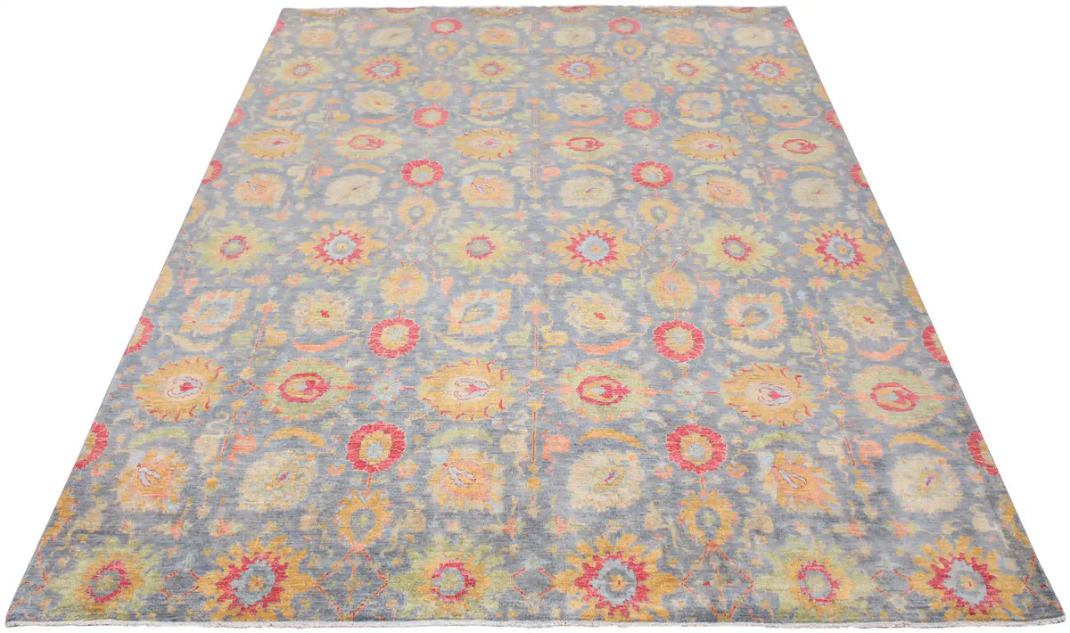 Gray-Blue Afghan Rug with Colorful Flowers, 378 × 277 cm, view 2.