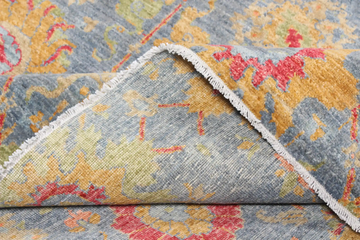 Gray-Blue Afghan Rug with Colorful Flowers, 378 × 277 cm, view 4.