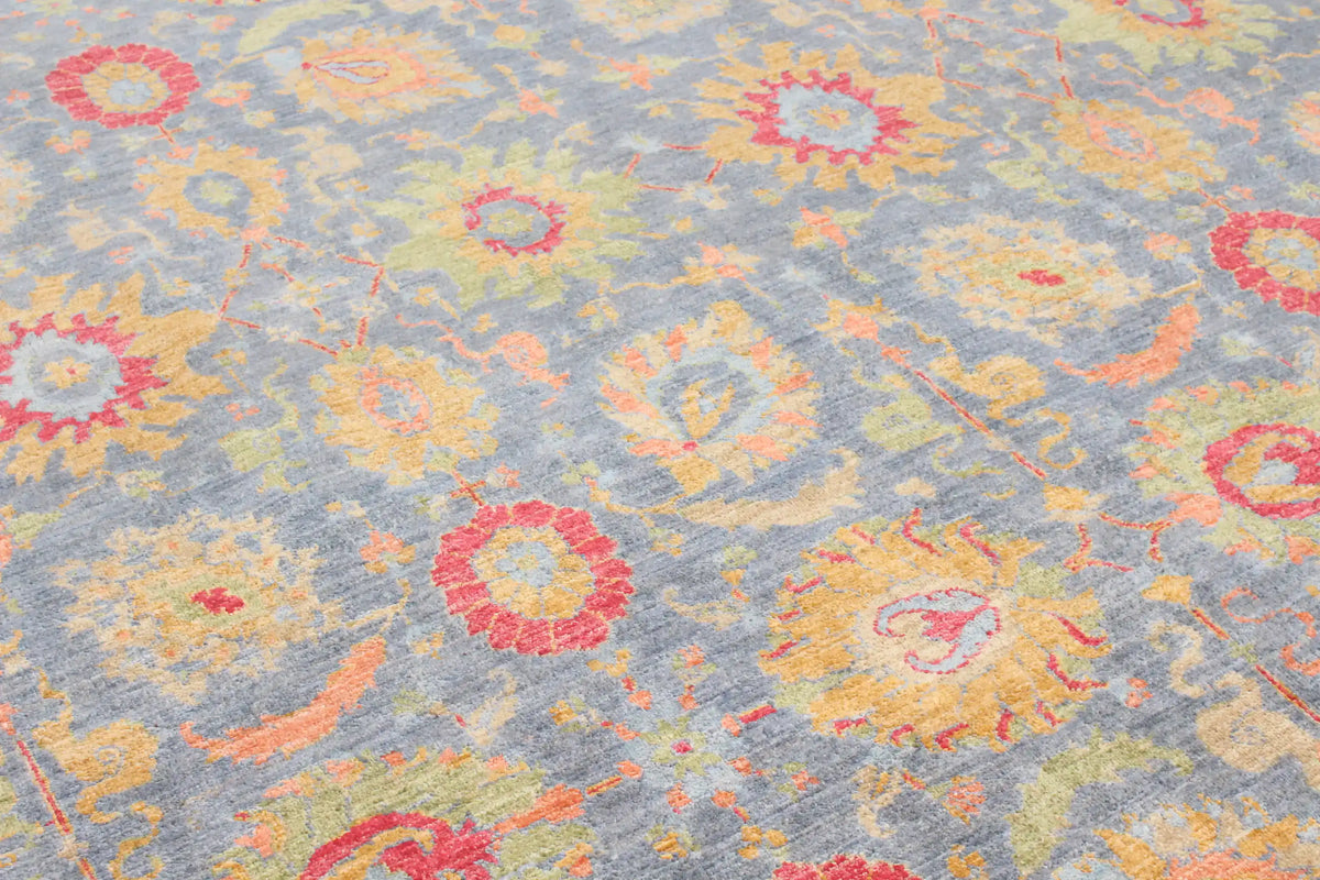 Gray-Blue Afghan Rug with Colorful Flowers, 378 × 277 cm, view 5.