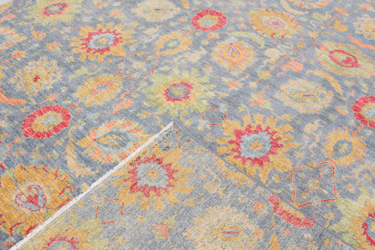 Gray-Blue Afghan Rug with Colorful Flowers, 378 × 277 cm, view 6.