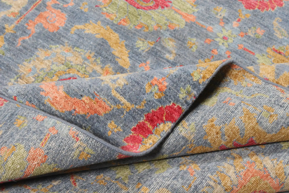 Gray-Blue Afghan Rug with Colorful Flowers, 378 × 277 cm, view 8.