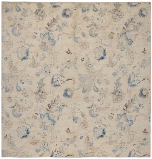 Cremefarbener Orientteppich mit blauen Blüten, 284 × 283 cm – Gesamtansicht