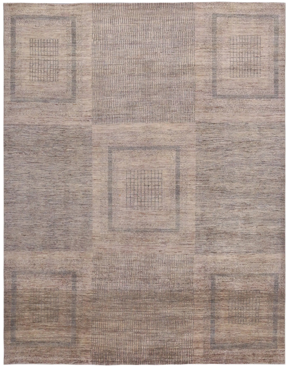Orientteppich in Greige mit Quadraten, 310 × 239 cm – Gesamtansicht