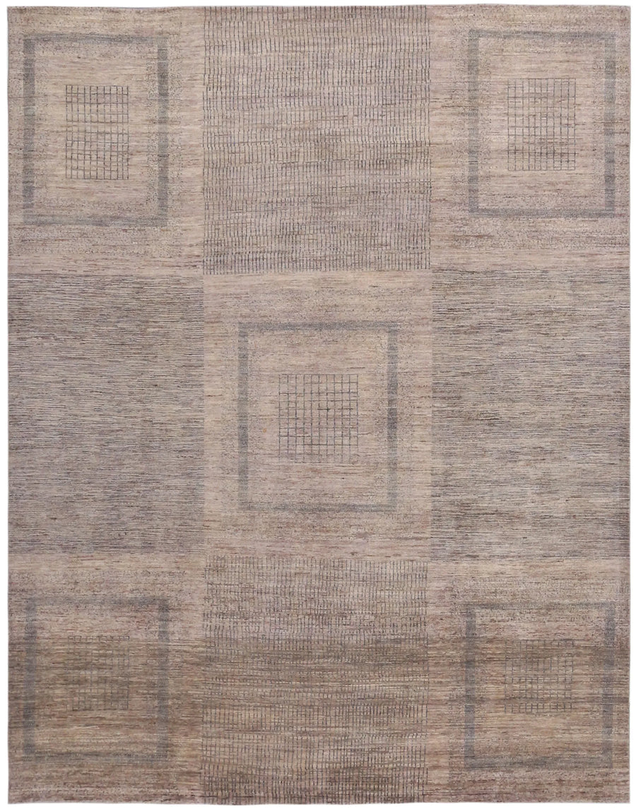 Greige Afghan Rug with Square Motifs, 310 × 239 cm, overall view.