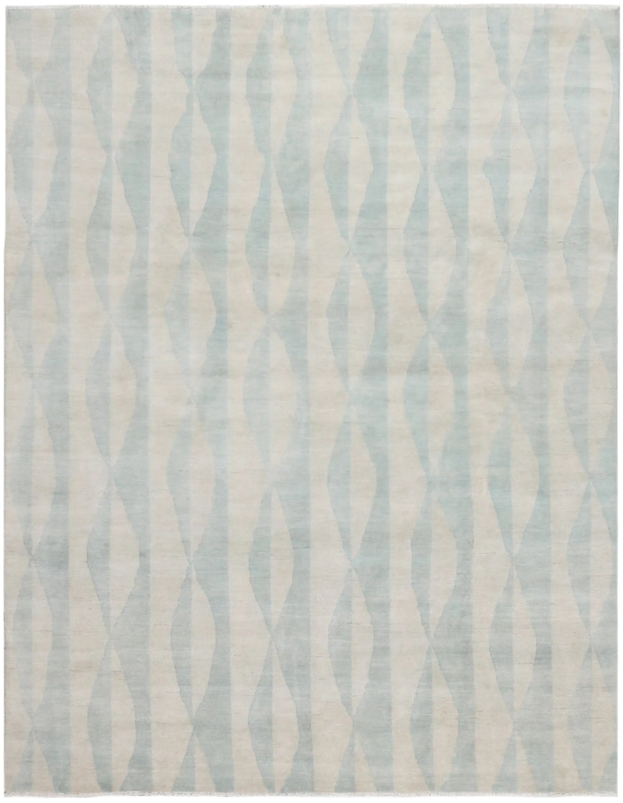 Light Blue Afghan Rug with Elongated Diamonds, 302 × 232 cm, overall view.