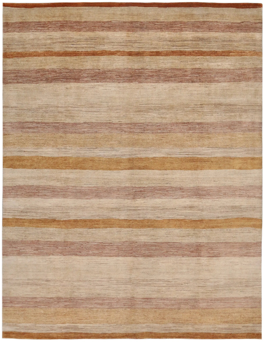 Sand & Ochre Wool Rug with Horizontal Stripes, 308 × 237 cm, overall view.