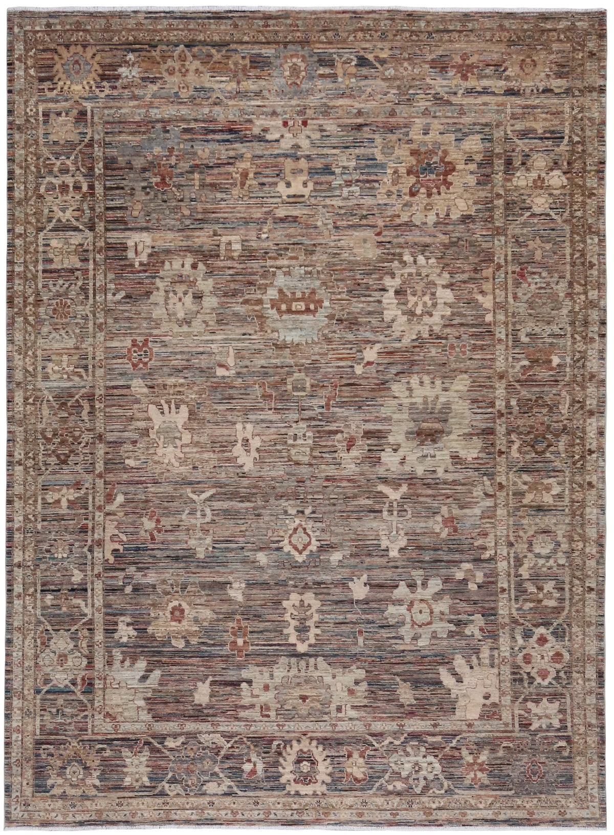 Gray-Brown Afghan Rug with Cream Flowers, 363 × 267 cm, overall view.