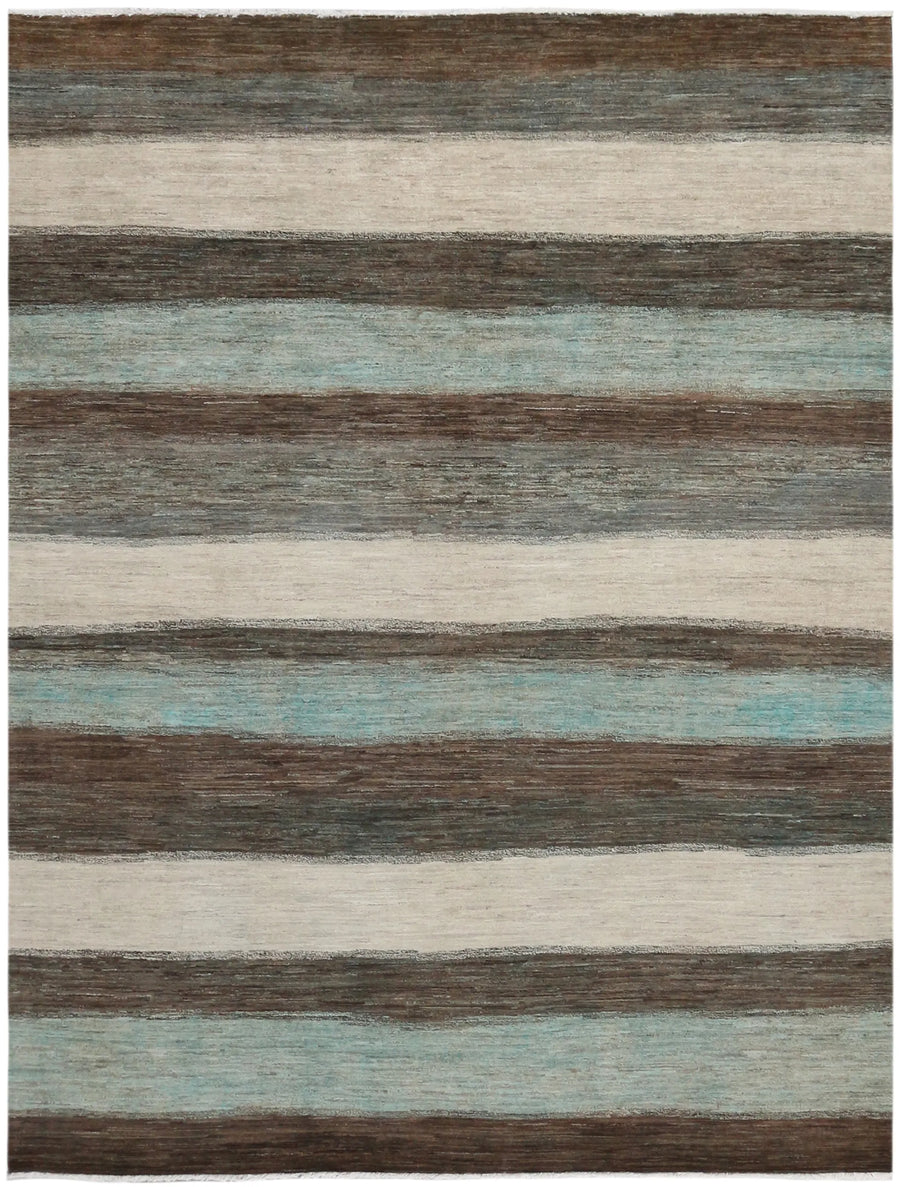 Afghan Rug with Cream & Gray-Blue Stripes, 308 × 236 cm, overall view.