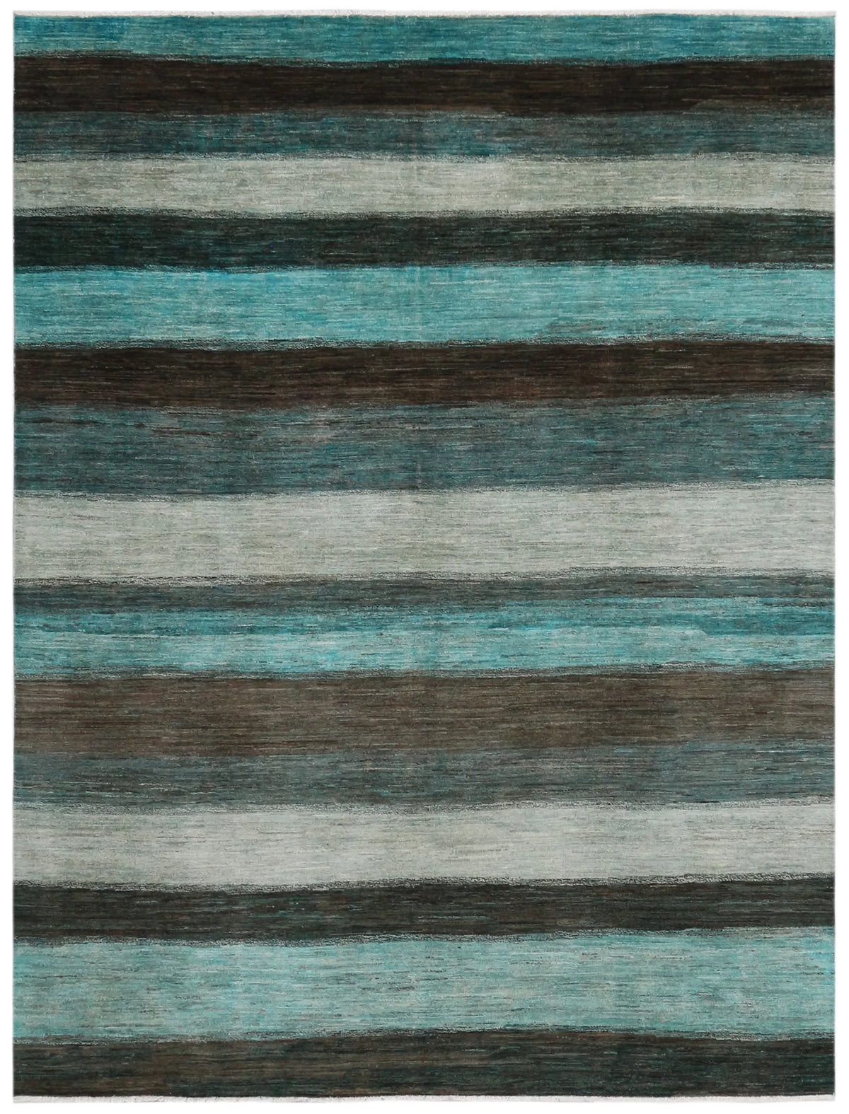 Turquoise Afghan Rug with Dark Horizontal Stripes, 313 × 236 cm, overall view.