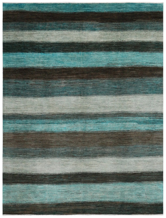 Türkiser Orientteppich mit dunklen Querstreifen, 313 × 236 cm – Gesamtansicht