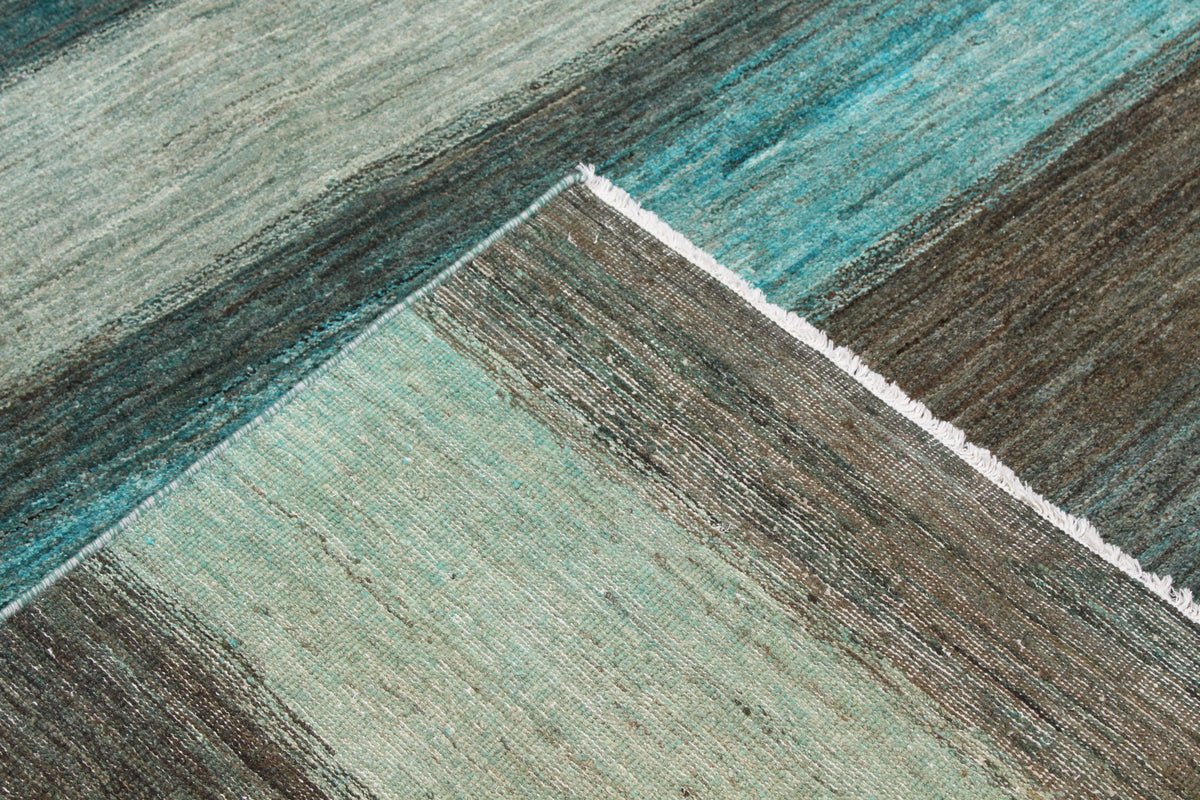 Turquoise Afghan Rug with Dark Horizontal Stripes, 313 × 236 cm, view 5.