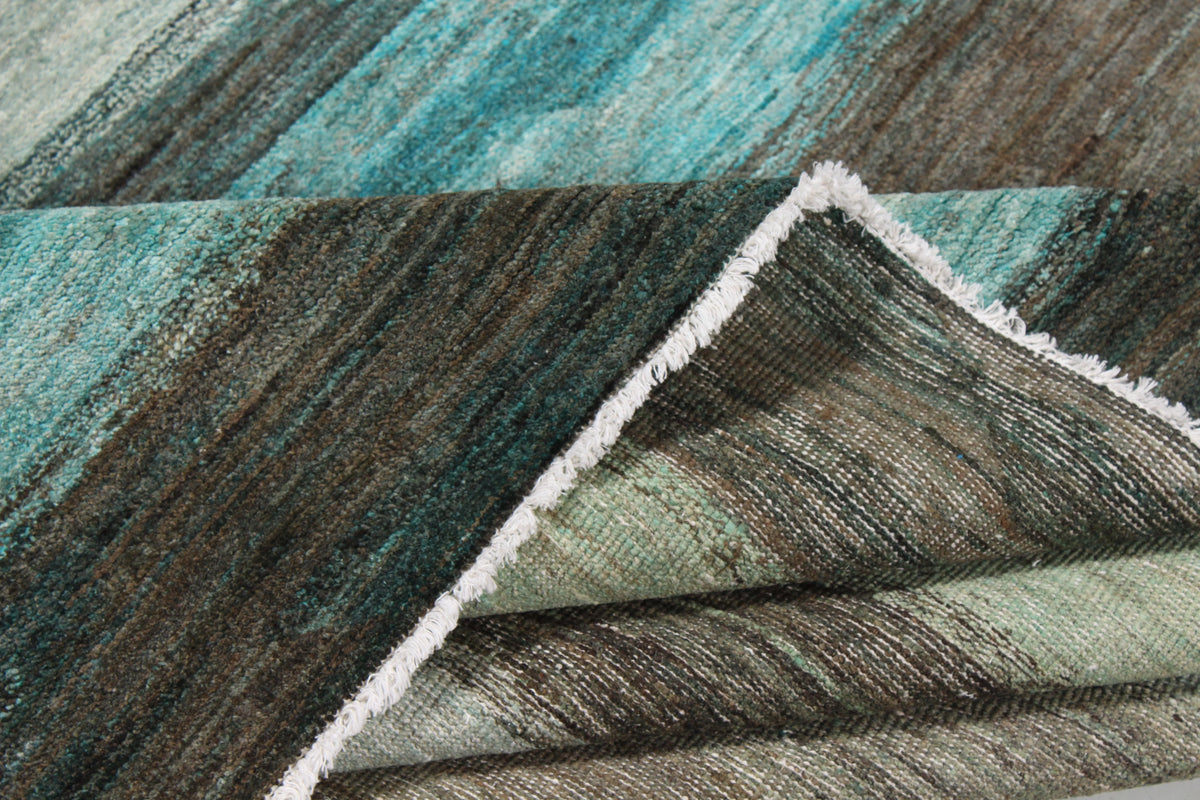 Turquoise Afghan Rug with Dark Horizontal Stripes, 313 × 236 cm, view 8.