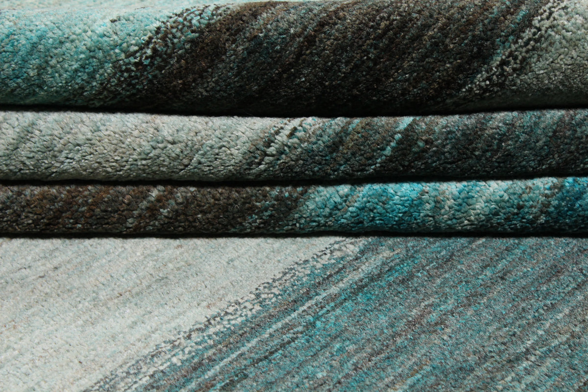 Turquoise Afghan Rug with Dark Horizontal Stripes, 313 × 236 cm, view 9.