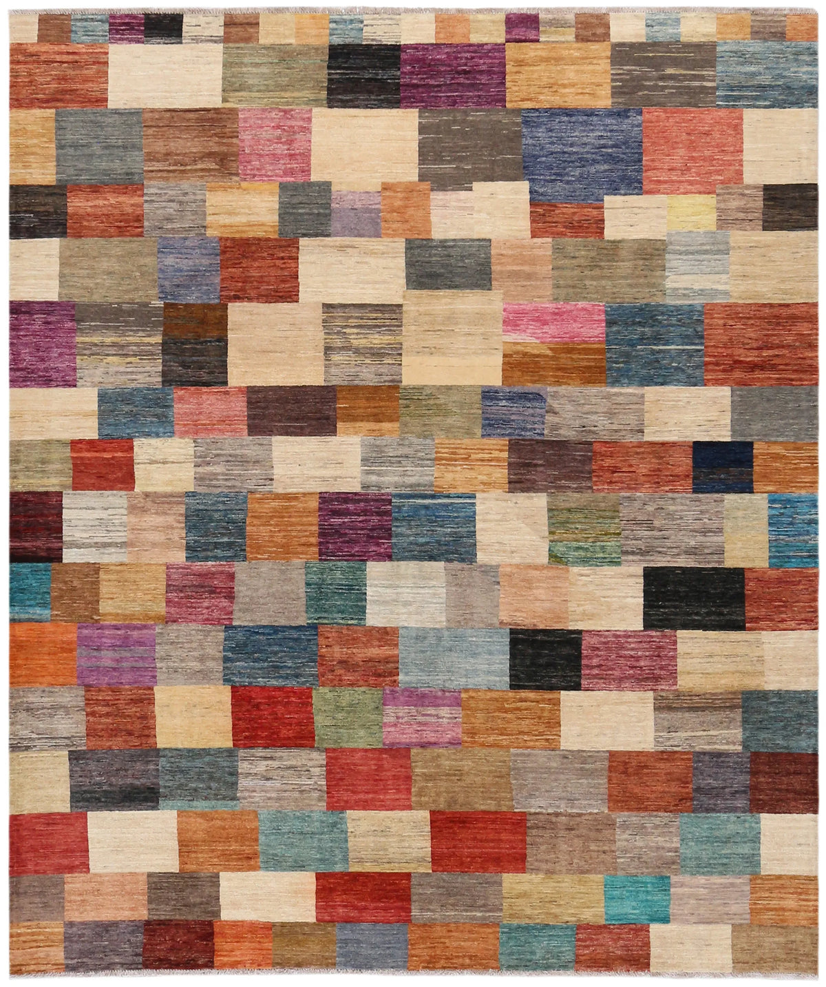 Bunter Gabbeh-Teppich mit Blockmuster, 295 × 250 cm – Gesamtansicht
