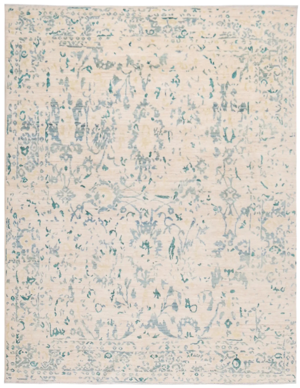 Cream Afghan Rug with Blue Vine Motifs, 296 × 244 cm, overall view.