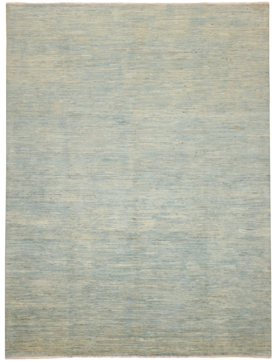 Large Light Blue Wool Rug with Tonal Variation, 383 × 290 cm, overall view.