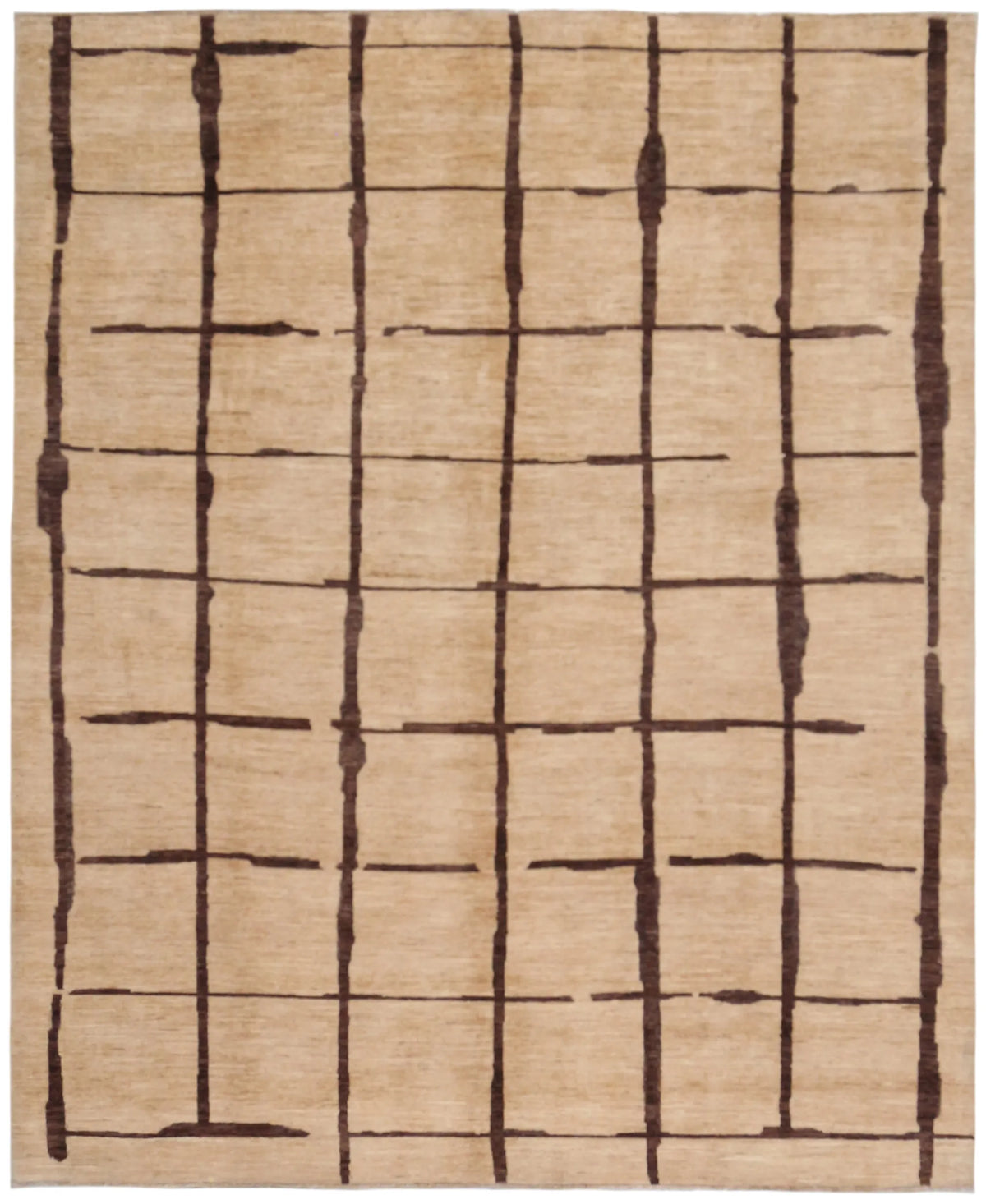 Beiger Orientteppich mit braunem Linienraster, 296 × 240 cm – Gesamtansicht