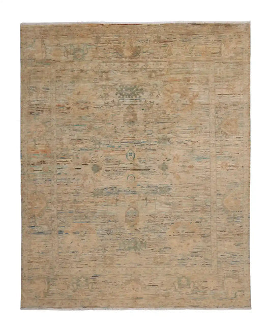 Goldbeiger Orientteppich mit feinen blauen Blüten, 303 × 245 cm – Gesamtansicht