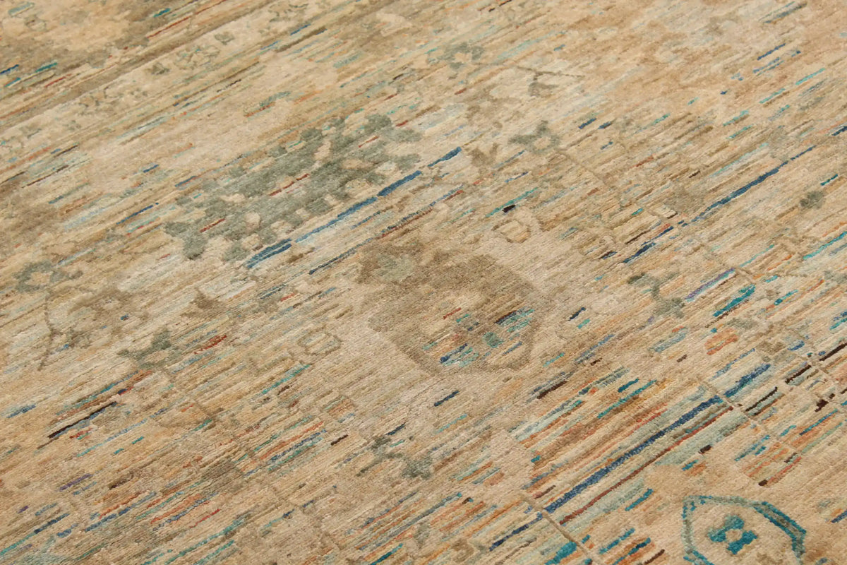 Golden Beige Afghan Rug with Fine Blue Flowers, 303 × 245 cm, view 6.