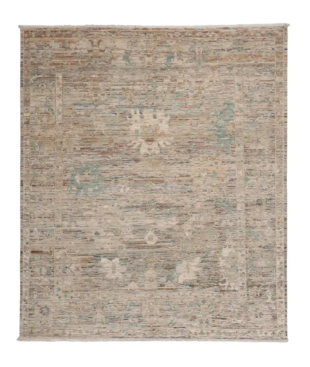Light Afghan Rug with Sage Green Floral Detail, 296 × 252 cm, overall view.