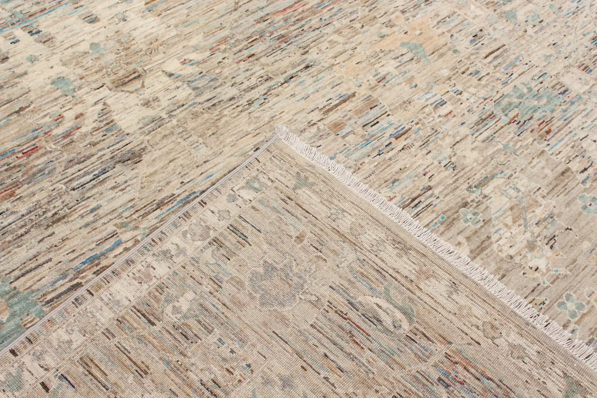 Light Afghan Rug with Sage Green Floral Detail, 296 × 252 cm, view 5.